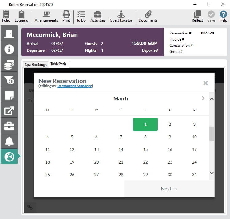 Add booking to TablePath from within Hotsoft