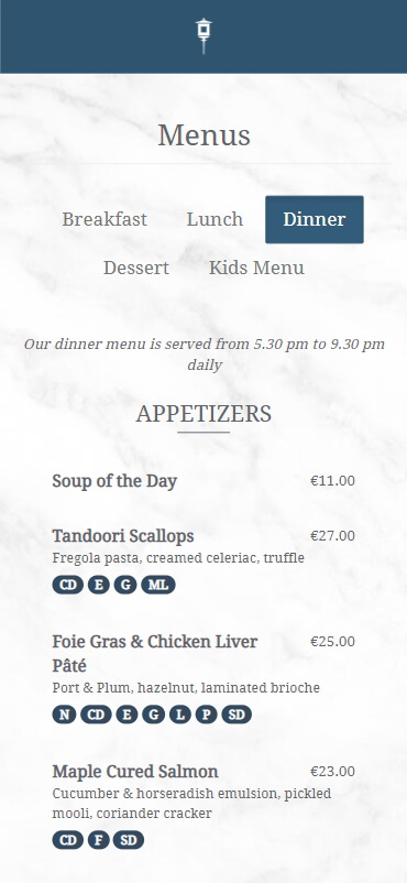 Example of the menu